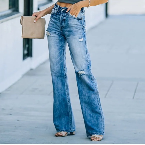 NWT KanCan Kan Can Wide Leg 90’s Flare Distressed Denim Jeans - Picture 7 of 12